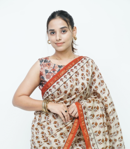 Handwoven Silk Cotton Saree – Authentic Bagru Kalamkari Butti Print | Natural Dyed & Sustainable